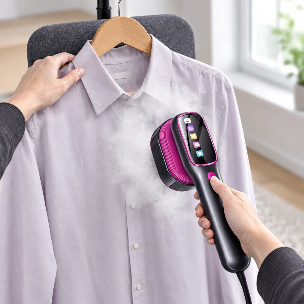 A square photograph continuing the same real dressing area, same pale shirt on the same hanger, same
