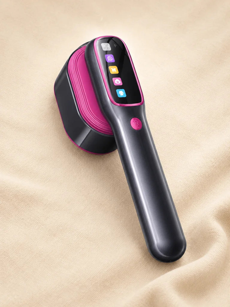 A studio photograph of the exact complete portable steamer from reference r00, with its elongated vi