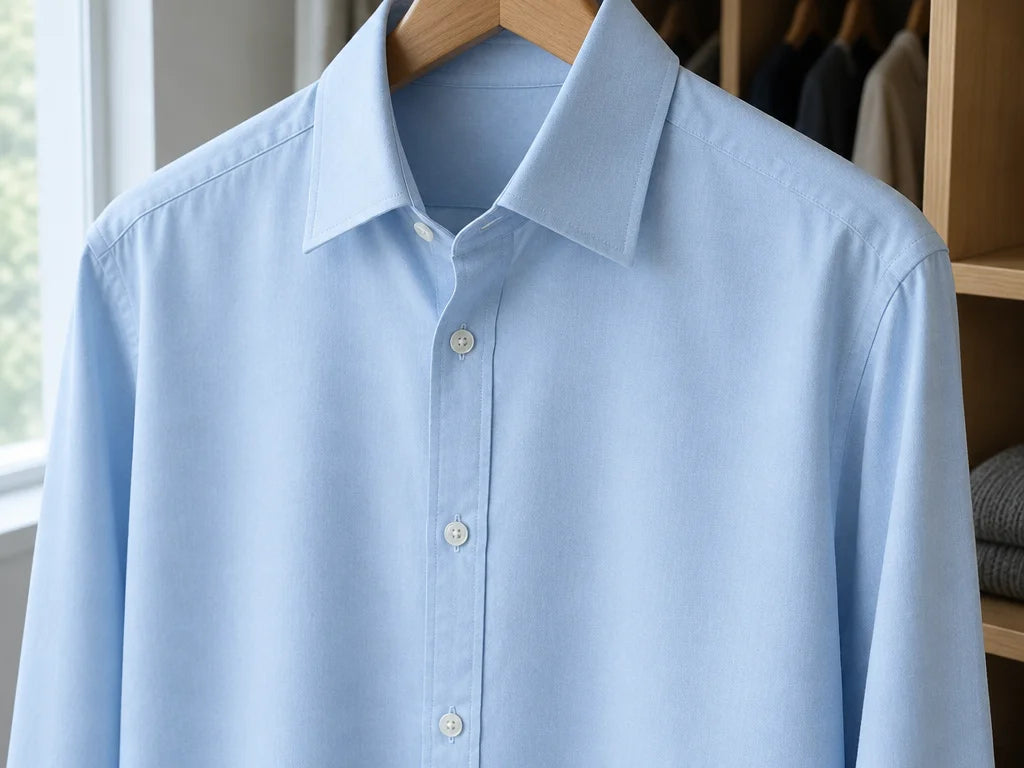 A close photograph of the result alone: a smooth pale blue cotton shirt hanging from a wooden hanger