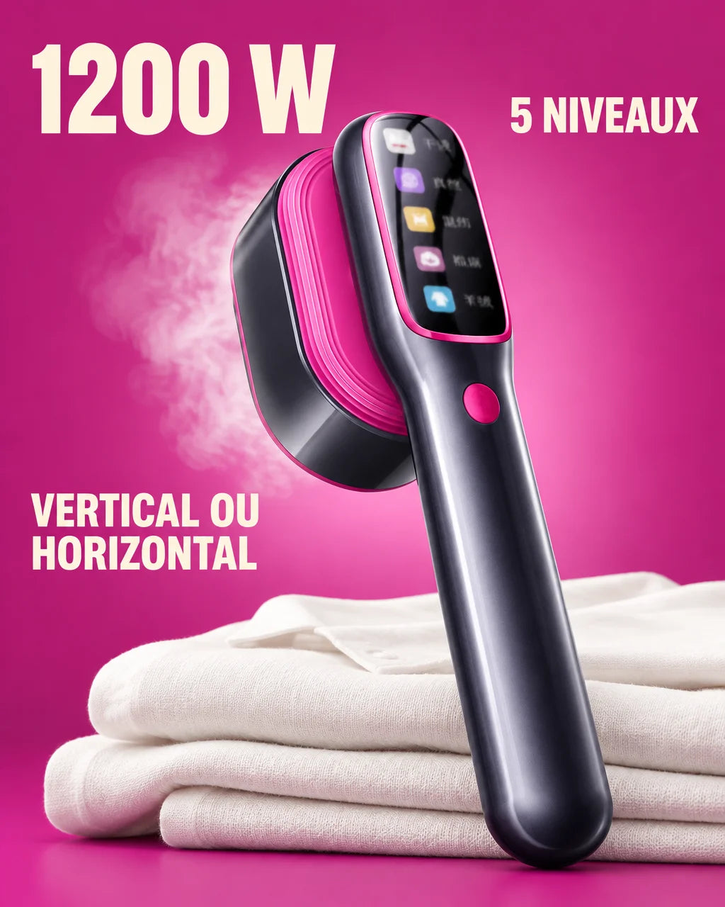 First compose a graphic photograph with the exact violet-black portable steamer from reference r00,