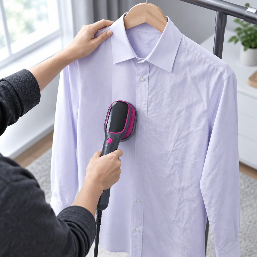 A square photograph completing the same dressing-area sequence: same pale shirt on the same hanger,
