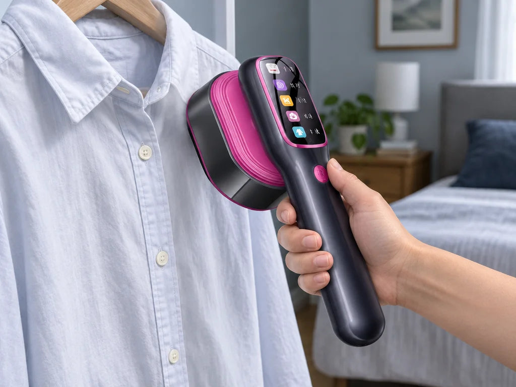 A close photograph that makes the handheld scale legible: the exact violet-black steamer with rounde