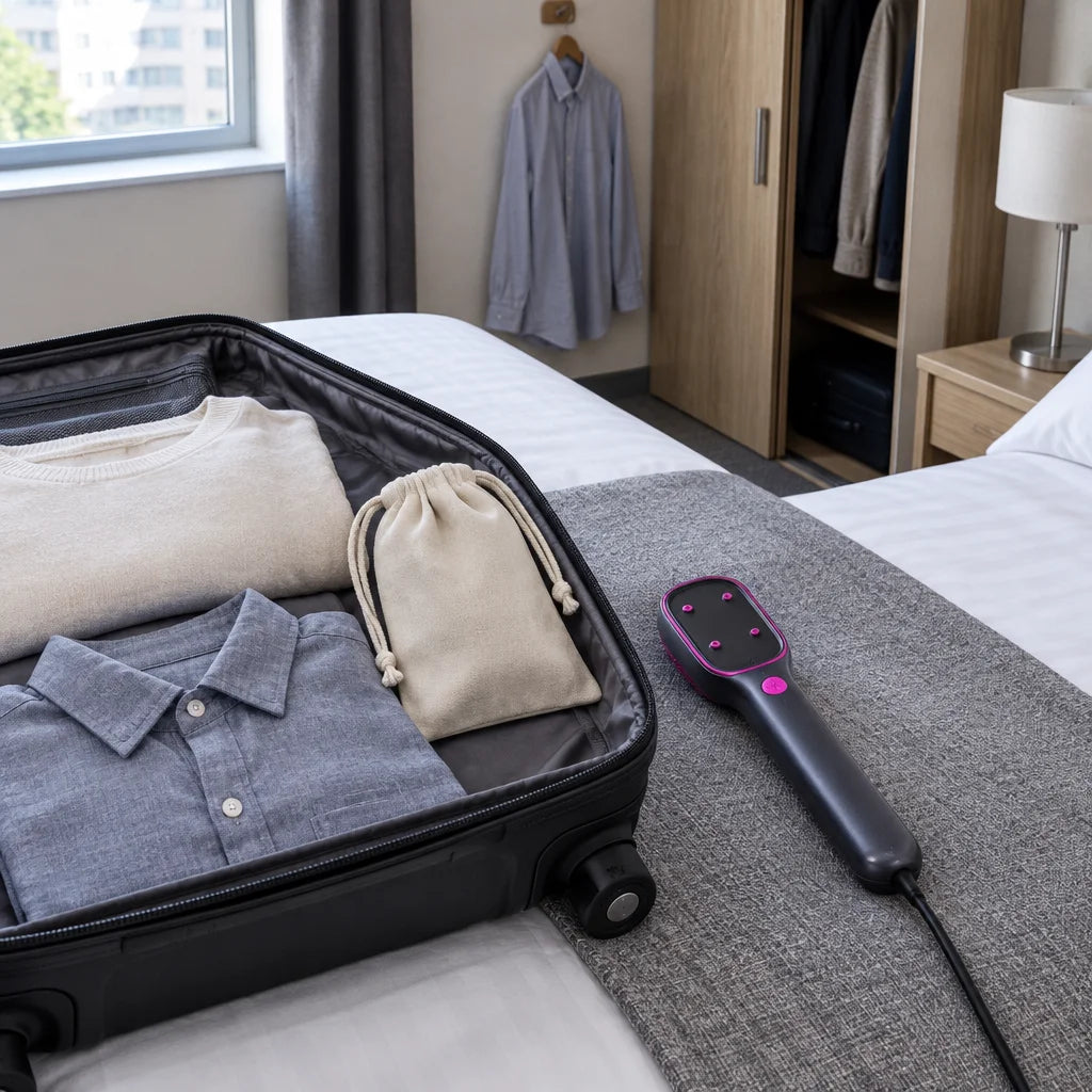 A photograph in an ordinary hotel room during a short trip: the exact violet-black handheld steamer